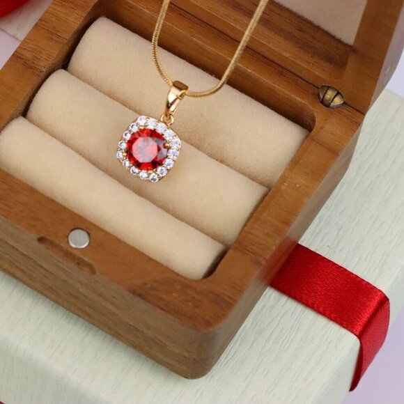 "Red Round Stone Pendant in Gold Plated Brass with Crystal Halo, XPPT1773 - Picture 11 of 13